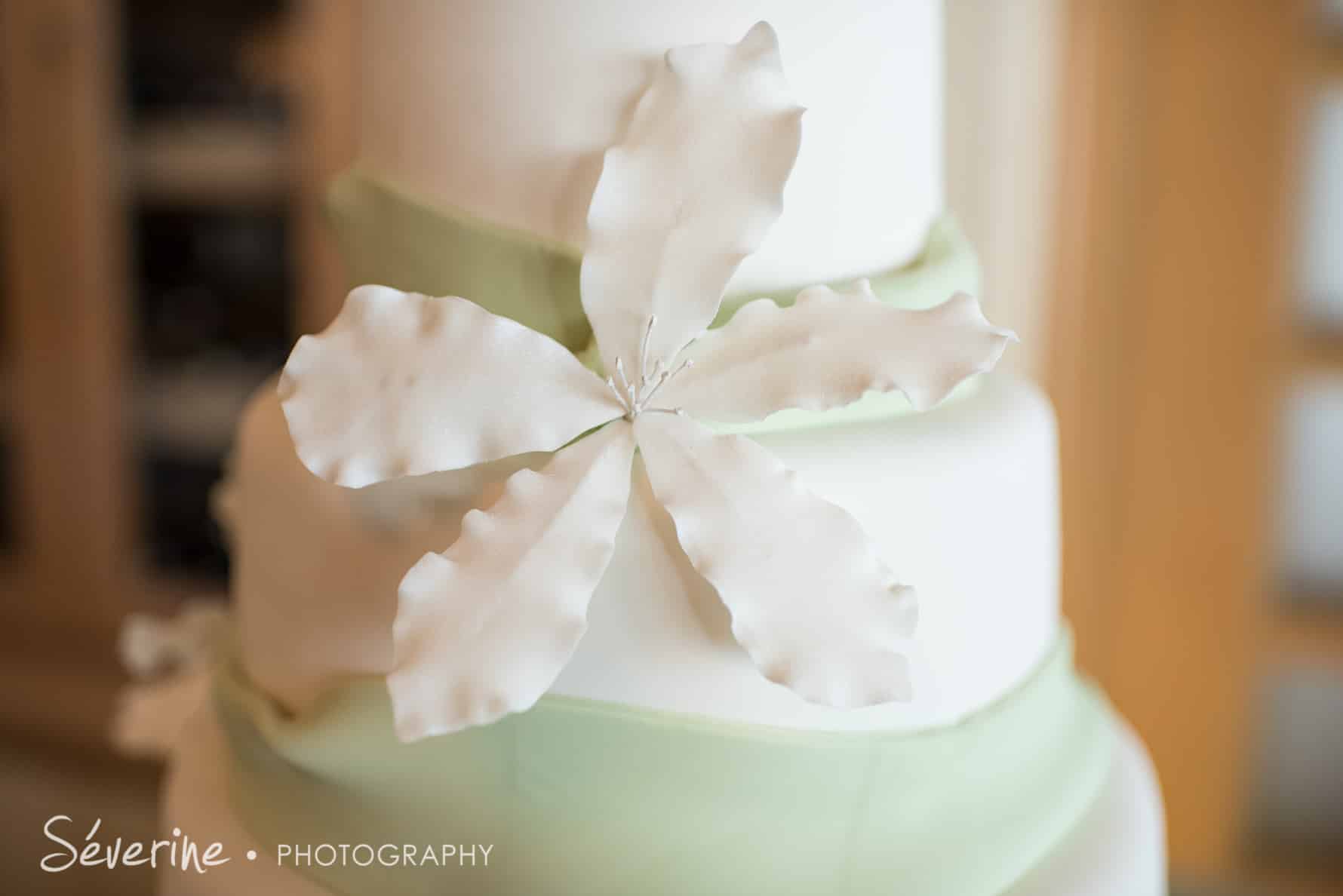 White and teal wedding cake