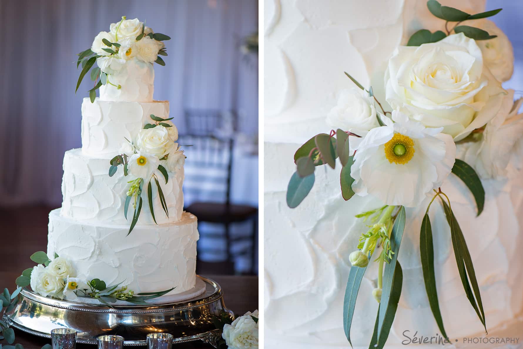 white wedding cake with fresh flowers